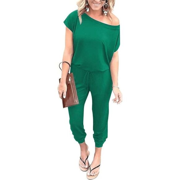 PrettyGarden Kelly Green Loose Off The Shoulder Stretchy Pants Romper M NWT - Picture 8 of 9